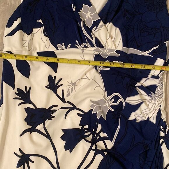 Navy Blue and Cream Ralph Lauren Size 14 Lined Polyester & Spandex Floral Dress - Picture 7 of 12
